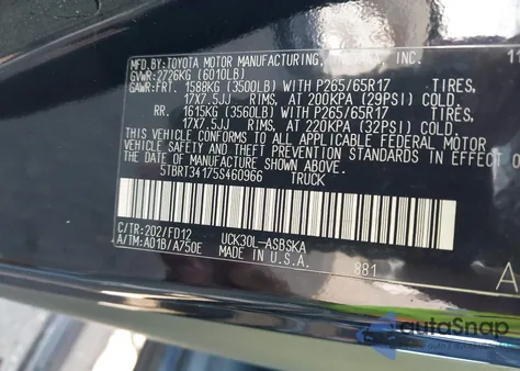 2005 Toyota Tundra Sr5 V8 z USA, uszkodzony, nr VIN 5TBRT34175S460966